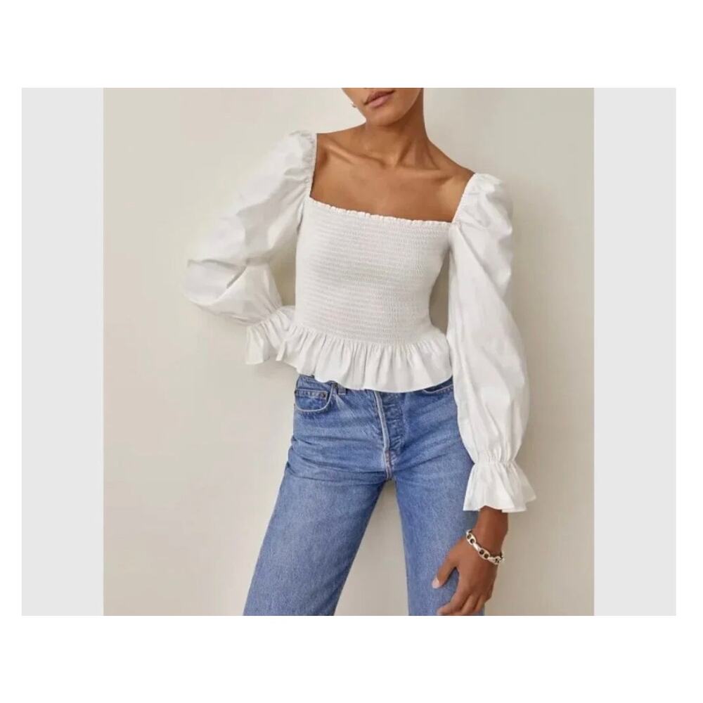 Reformation Darby Top Sz. S White Peplum Puff Sleeves Ruffle Smocked Cotton New